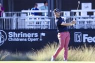 Beau Hossler follows through with his tee shot on the 17th hole during the first day of the 2023 Shriners Children's Open golf tournament
